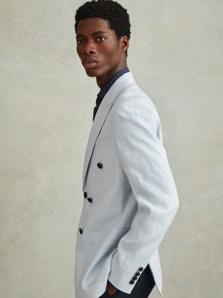 Zachtblauw - Reiss Kin Double Breasted 100% Linen Slim Fit Blazer - Image 4 of 7