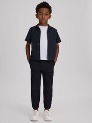 Reiss Navy Gerrard Teen Textured Cotton Cuban Collar Shirt - Image 2 of 4