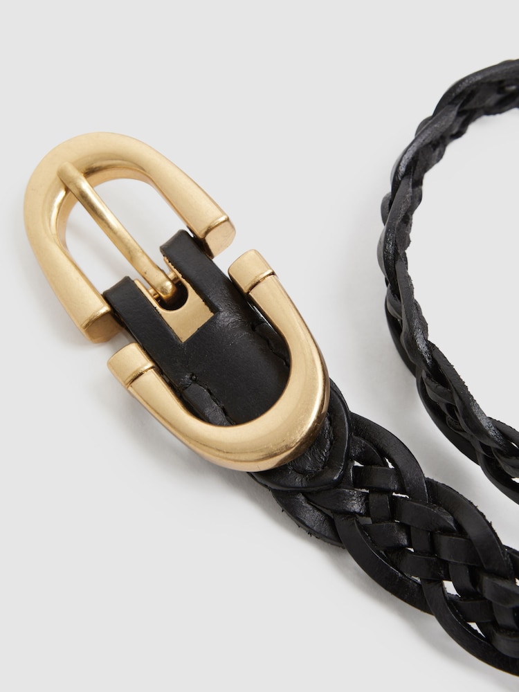 Reiss Black Bailey Woven Leather Horseshoe Belt - Image 4 of 4