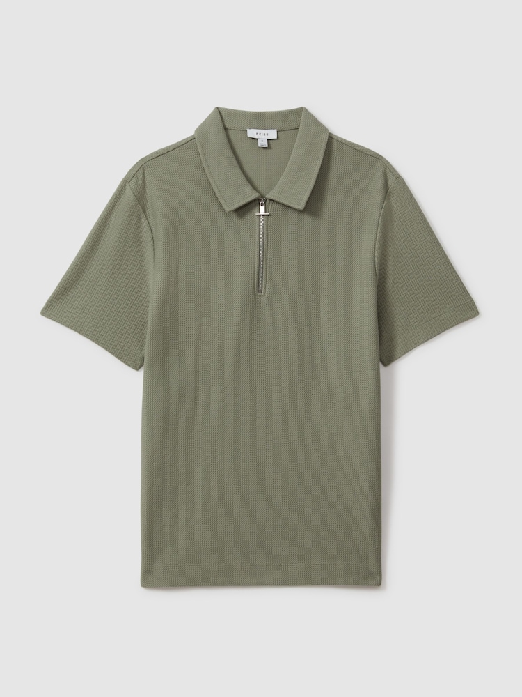 Reiss Pistachio Felix Textured Cotton Half-Zip Polo Shirt - Image 2 of 6
