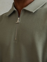 Reiss Pistachio Felix Textured Cotton Half-Zip Polo Shirt - Image 4 of 6