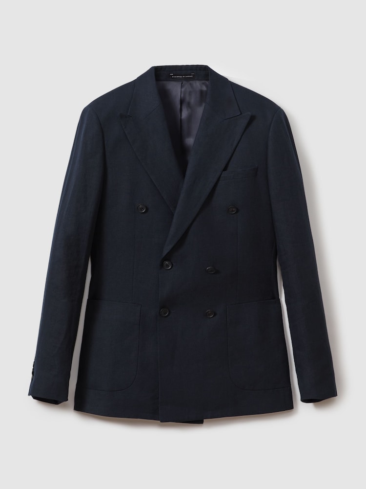Reiss Navy Kin Double Breasted 100% Linen Slim Fit Blazer - Image 2 of 6