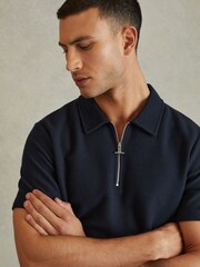 Reiss Navy Felix Textured Cotton Half-Zip Polo Shirt - Image 1 of 5
