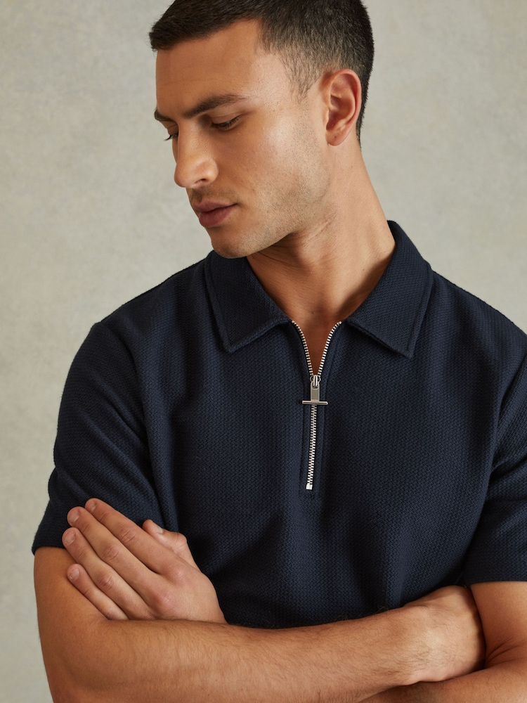 Reiss Navy Felix Textured Cotton Half-Zip Polo Shirt - Image 1 of 5 Reiss Navy Felix Textured Cotton Half-Zip Polo Shirt - Image 1 of 5
