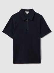 Reiss Navy Felix Textured Cotton Half-Zip Polo Shirt - Image 2 of 5