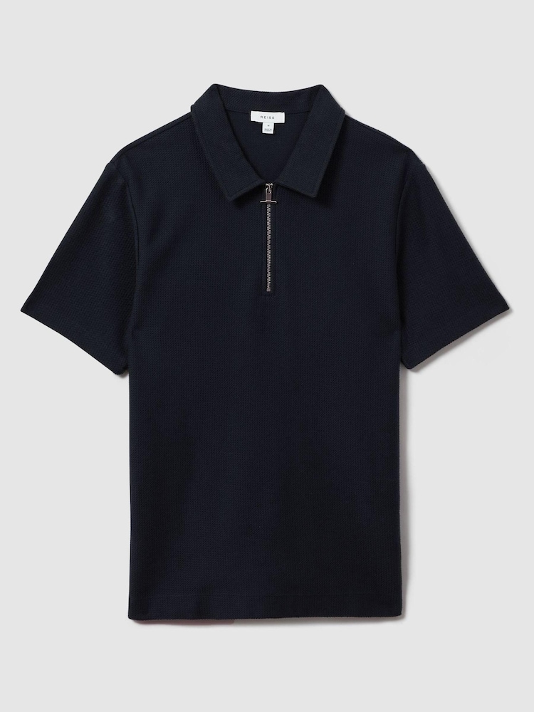 Reiss Navy Felix Textured Cotton Half-Zip Polo Shirt - Image 2 of 5 Reiss Navy Felix Textured Cotton Half-Zip Polo Shirt - Image 2 of 5