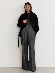 Reiss Dark Grey Camila Petite Wool-Silk Herringbone Wide-Leg Trousers - Image 1 of 9