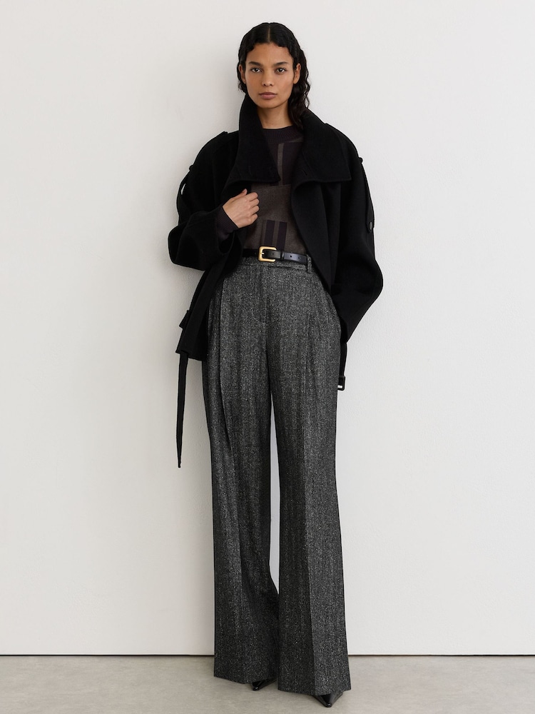 Reiss Dark Grey Camila Petite Wool-Silk Herringbone Wide-Leg Trousers - Image 1 of 9 Reiss Dark Grey Camila Petite Wool-Silk Herringbone Wide-Leg Trousers - Image 1 of 9
