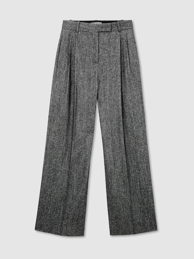 Reiss Dark Grey Camila Petite Wool-Silk Herringbone Wide-Leg Trousers - Image 2 of 9 Reiss Dark Grey Camila Petite Wool-Silk Herringbone Wide-Leg Trousers - Image 2 of 9