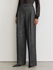 Reiss Dark Grey Camila Petite Wool-Silk Herringbone Wide-Leg Trousers - Image 3 of 9
