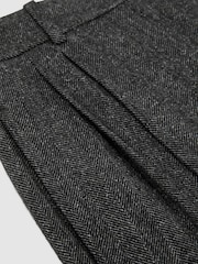 Reiss Dark Grey Camila Petite Wool-Silk Herringbone Wide-Leg Trousers - Image 8 of 9