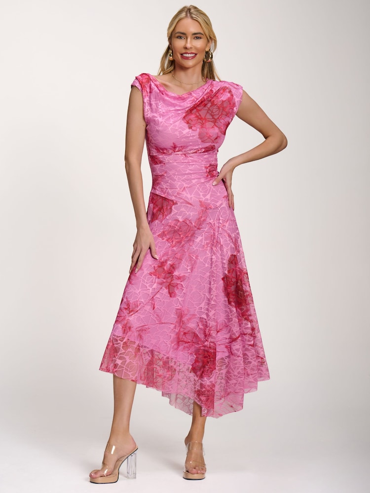 Jolie Moi Pink Asymmetric Draped Print Lace Maxi Dress - Image 1 of 6