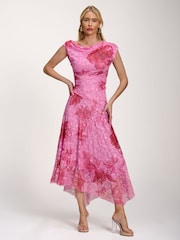 Jolie Moi Pink Asymmetric Draped Print Lace Maxi Dress - Image 3 of 6