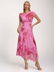 Jolie Moi Pink Asymmetric Draped Print Lace Maxi Dress - Image 4 of 6