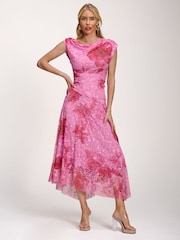 Jolie Moi Pink Asymmetric Draped Print Lace Maxi Dress - Image 5 of 6