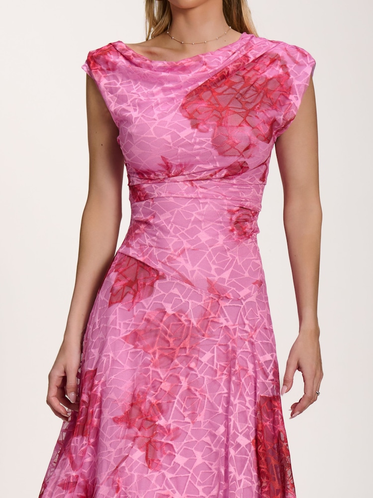 Jolie Moi Pink Asymmetric Draped Print Lace Maxi Dress - Image 6 of 6