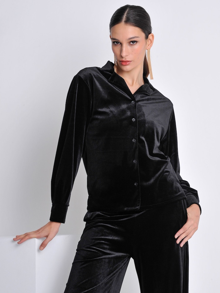 Burgs Womens Velvet Oversized Printed Black Shirt - Image 1 of 5