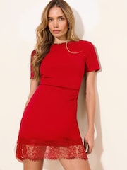 Lipsy Red Lace Hem Detail Short Sleeve Mini Dress - Image 1 of 4