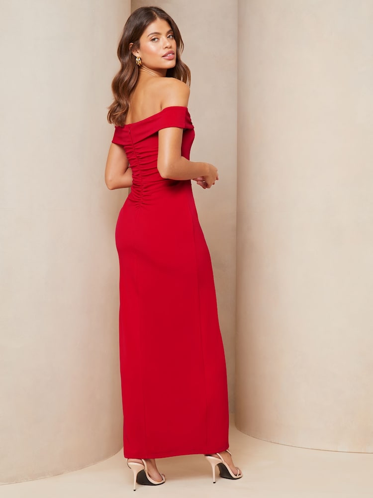 Lipsy Red Bardot Ruched Front Maxi Dress - Image 2 of 4 Lipsy Red Bardot Ruched Front Maxi Dress - Image 2 of 4