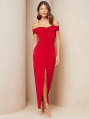 Lipsy Red Petite Bardot Ruched Front Maxi Dress - Image 1 of 1
