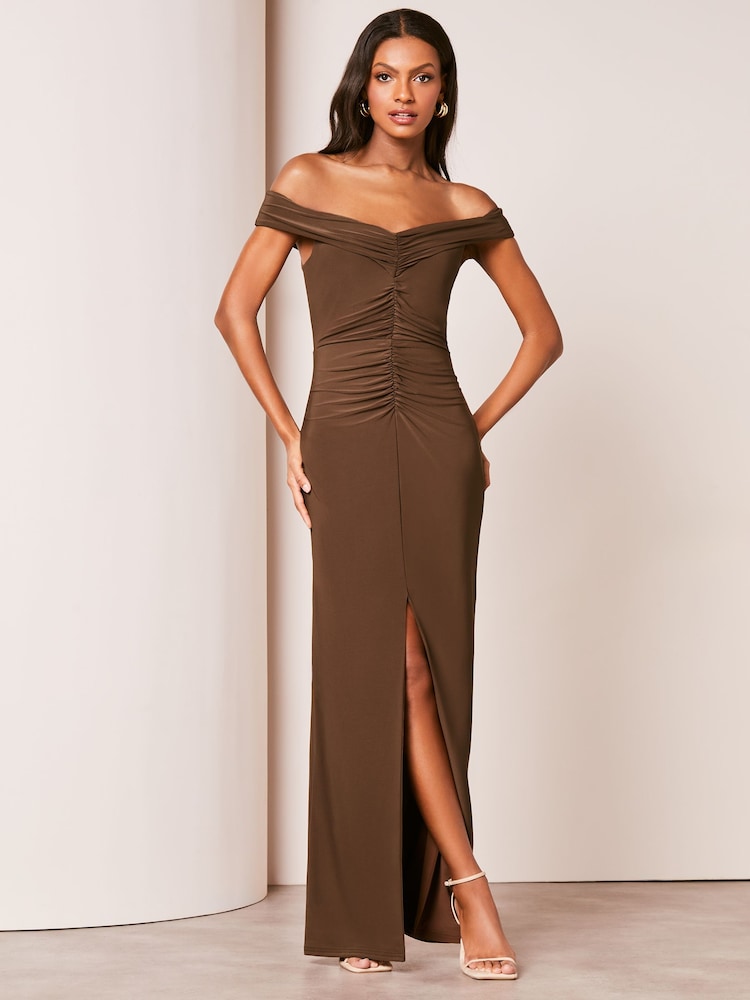 Lipsy Brown Bardot Ruched Front Maxi Dress - Image 1 of 4 Lipsy Brown Bardot Ruched Front Maxi Dress - Image 1 of 4