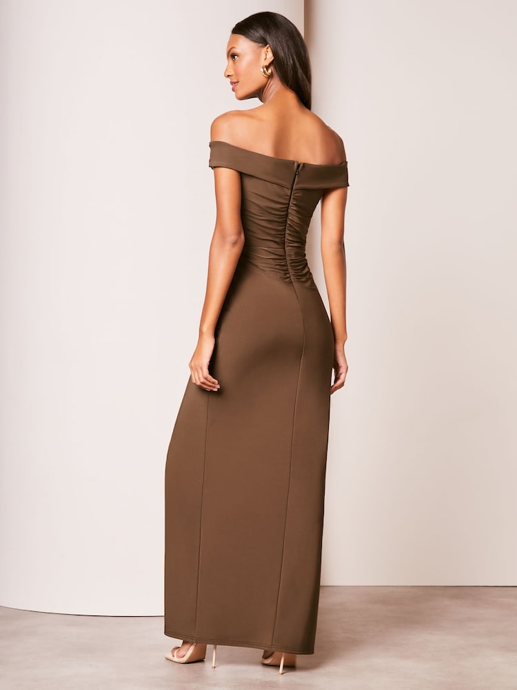 Lipsy Brown Bardot Ruched Front Maxi Dress - Image 2 of 4 Lipsy Brown Bardot Ruched Front Maxi Dress - Image 2 of 4