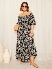 Negru palmier - Curves Like These Printed Shirred Rochie lungă - Imaginea 1 din 4