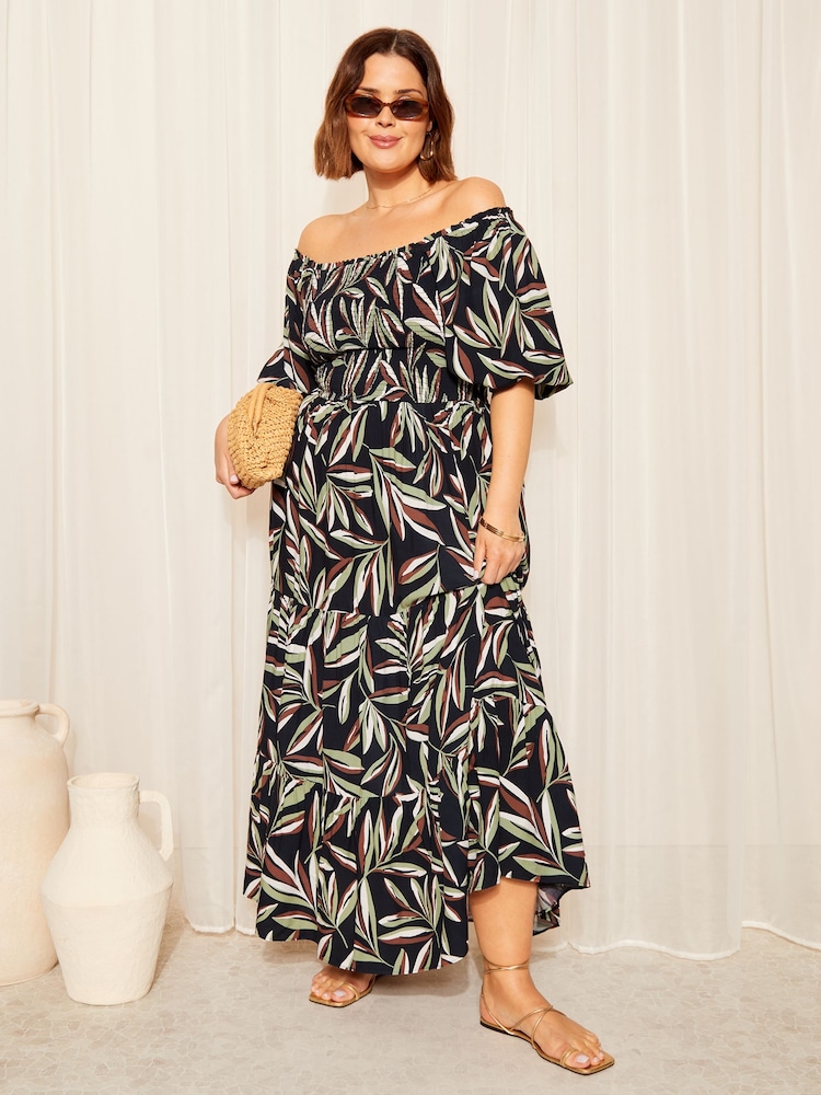 Negru palmier - Curves Like These Printed Shirred Rochie lungă - Imaginea 1 din 4