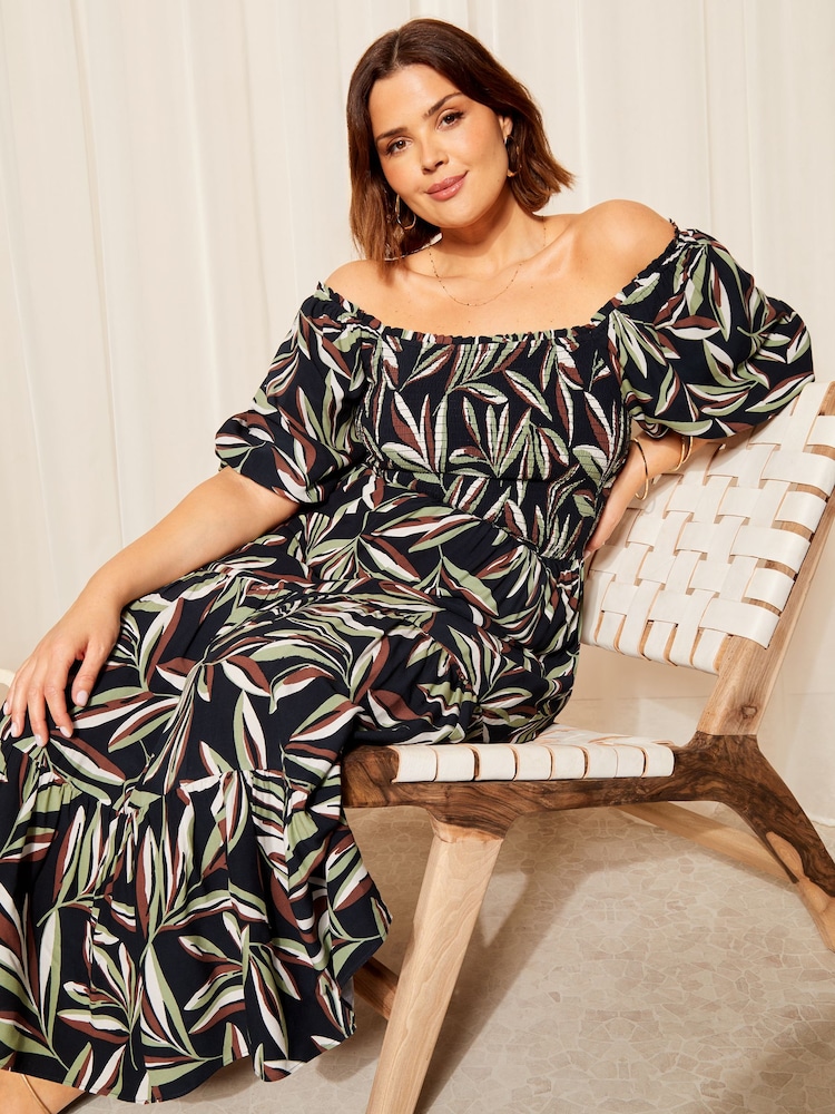 Negru palmier - Curves Like These Printed Shirred Rochie lungă - Imaginea 2 din 4