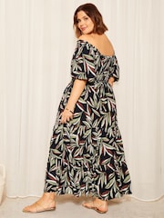 Negru palmier - Curves Like These Printed Shirred Rochie lungă - Imaginea 4 din 4