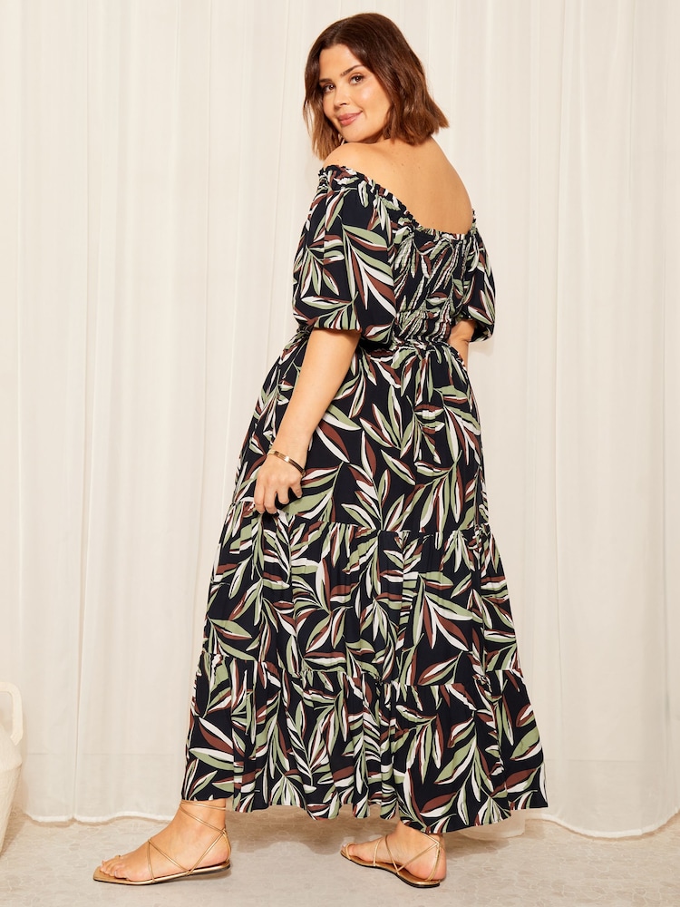 Negru palmier - Curves Like These Printed Shirred Rochie lungă - Imaginea 4 din 4