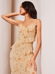 Lipsy Champagne Gold Petite Sequin Ruffle Cami Summer Maxi Dress - Image 4 of 4