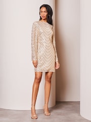 Lipsy Champagne Gold Sequin Long Sleeve Mini Shift Dress - Image 3 of 4