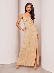 Lipsy Champagne Gold Sequin Ruffle Cami Summer Maxi Dress - Image 1 of 4