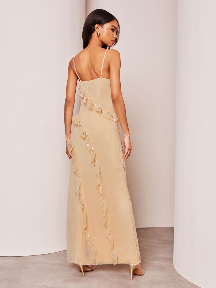 Lipsy Champagne Gold Sequin Ruffle Cami Summer Maxi Dress - Image 2 of 4