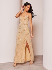 Lipsy Champagne Gold Sequin Ruffle Cami Summer Maxi Dress - Image 3 of 4