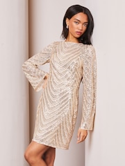 Lipsy Champagne Gold Petite Sequin Long Sleeve Mini Shift Dress - Image 1 of 4