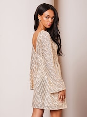 Lipsy Champagne Gold Petite Sequin Long Sleeve Mini Shift Dress - Image 2 of 4