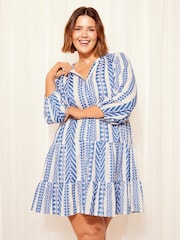Curves Like These Blue Grandad Collar Tier Smock Dress - Image 1 of 4