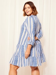 Curves Like These Blue Grandad Collar Tier Smock Dress - Image 2 of 4