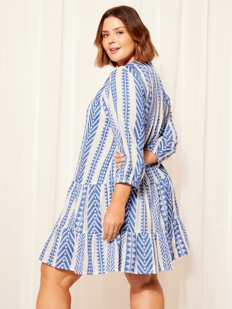 Curves Like These Blue Grandad Collar Tier Smock Dress - Image 2 of 4