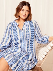 Curves Like These Blue Grandad Collar Tier Smock Dress - Image 3 of 4