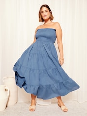 Curves Like These Blue Cotton Linen Mix Shirred Bandeau Midi Dress - Image 1 of 4