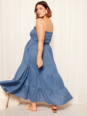 Curves Like These Blue Cotton Linen Mix Shirred Bandeau Midi Dress - Image 2 of 4