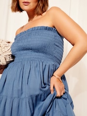 Curves Like These Blue Cotton Linen Mix Shirred Bandeau Midi Dress - Image 4 of 4