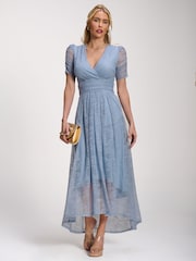 Jolie Moi Blue Lace Ruched Sleeve Dip Hem Maxi Dress - Image 1 of 6