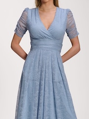 Jolie Moi Blue Lace Ruched Sleeve Dip Hem Maxi Dress - Image 3 of 6