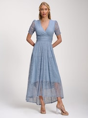 Jolie Moi Blue Lace Ruched Sleeve Dip Hem Maxi Dress - Image 4 of 6