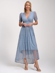 Jolie Moi Blue Lace Ruched Sleeve Dip Hem Maxi Dress - Image 5 of 6