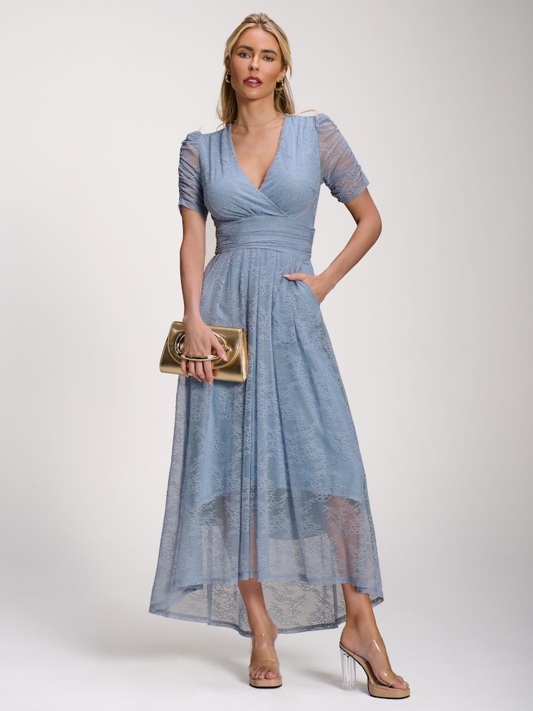 Jolie Moi Blue Lace Ruched Sleeve Dip Hem Maxi Dress - Image 6 of 6